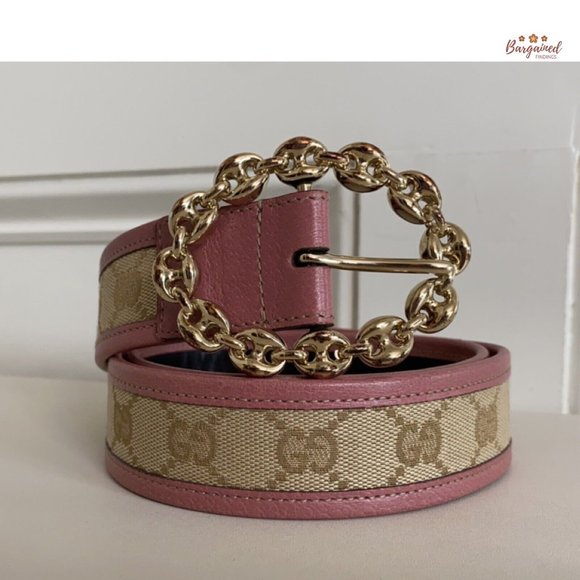 Authentic Gucci Pink Monogram Canvas Leather Gold Chain Buckle Belt Size 80/32 - Picture 13 of 14